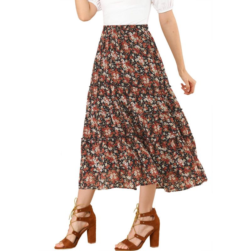 Allegra K Women's Floral Elastic Waist Tiered Ruffle Boho Midi Skirts, 1 of 8