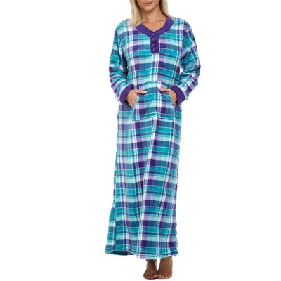 ADR Women's Plush Fleece Nightgown Woman, Long Cozy Kaftan with Pockets, Plaid & Solid Colors