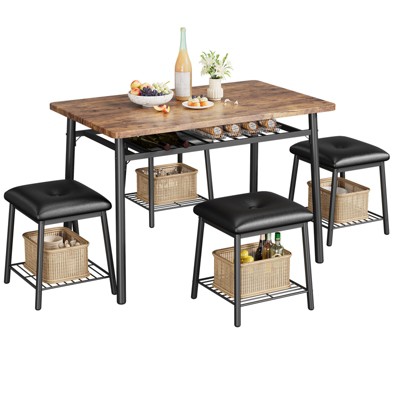 WhizMax 5-Piece Dining Table Set with Storage Rack, Dinner Table Set with 2 Bench and 2 Stools, Kitchen Table Set for 4, for Small Space, Brown