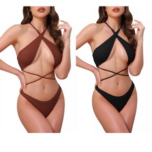 INSPIRE CHIC Women's Criss Cross Backless Ribbed Strappy Top Triangle Bottom Swimwear Bikini Suits 2 Sets - 1 of 4
