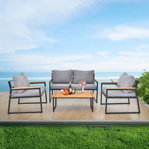 Karl Home Patio 4-Piece Acacia Wood Armrest & Table Top Conversation Set with Cushions - 1 of 4