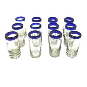Dos Sueños Mexican Hand Blown Glassware Combo Set - Blue Rim Tequila Shot Glasses Set of 12 - 1 of 4