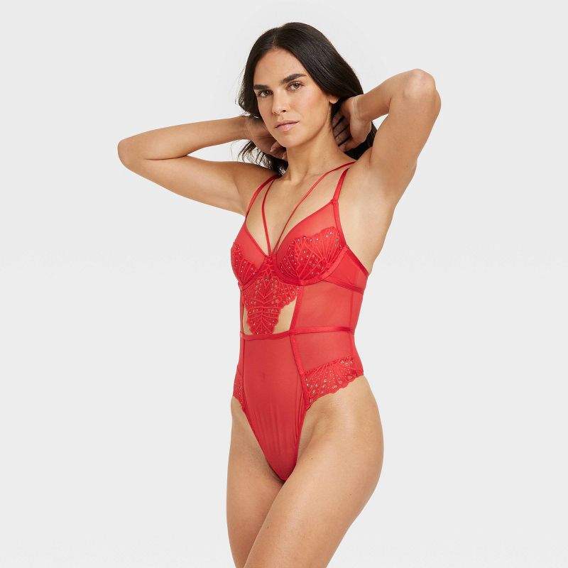 Women's Lace and Mesh Lingerie Bodysuit - Auden&#8482; Red, 1 of 7