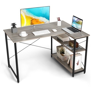Costway 48'' Reversible L Shaped Computer Desk Home Office Table Adjustable Shelf Brown\Gray\Natural