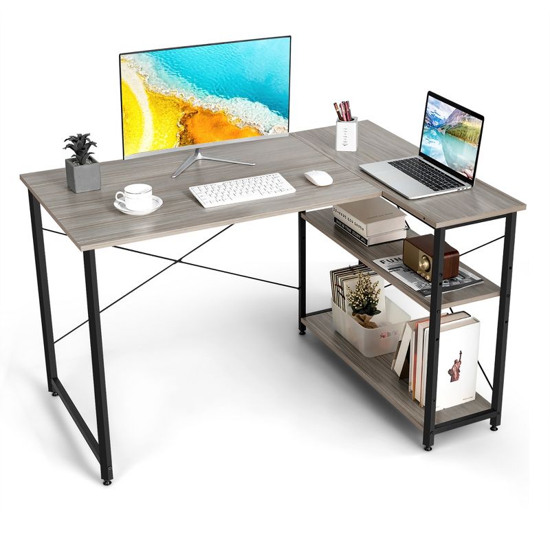 Costway 48'' Reversible L Shaped Computer Desk Home Office Table Adjustable Shelf Brown\Gray\Natural, 1 of 11