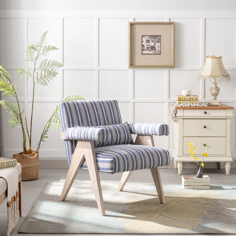 Megan 27.56" Wide Striped Upholstered Seat and Lumbar Pillow With Oak "V" Shape Solid Wood Legs Accent Chair With Arm Pads-The Pop Maison, 2 of 10