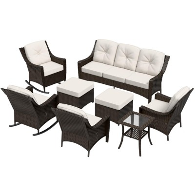 EAGLE PEAK Azure Bay 8 Pieces Wicker Outdoor Patio Furniture Set, Sofa 4 Chairs with Ottomans and Side Table, Beige