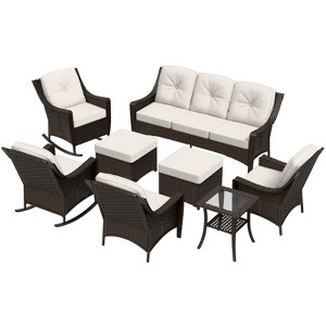 EAGLE PEAK Azure Bay 8 Pieces Wicker Outdoor Patio Furniture Set, Sofa 4 Chairs with Ottomans and Side Table, Beige - 1 of 4