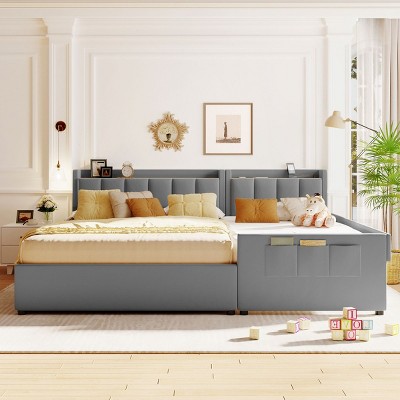 Queen & Twin Size Upholstered Platform Bed, Beds Modern With Drawer Box, Bedhead Storage Shelf And 2 Pairs Of Sockets & USB Ports-Cuddlewood