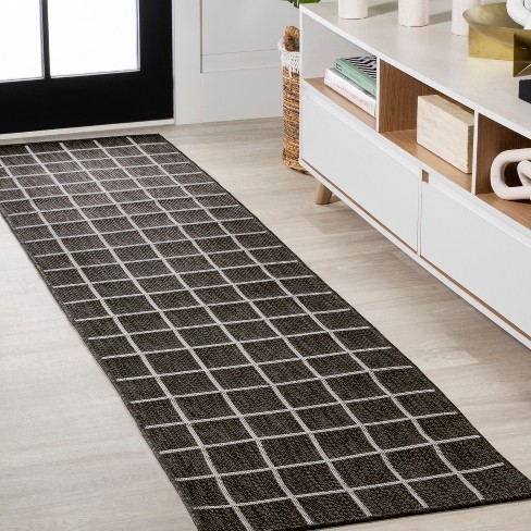 2' X 8' Grid Modern Squares Indoor/outdoor Runner Rug, Black/cream ...
