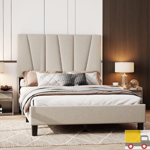 Jojoka Upholstered Bed Frame with Adjustable Headboard, Linen or Velvet Fabric, Wooden Slats, Noise-Free, Easy Assembly - 1 of 4