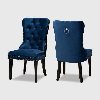 2pc Remy Velvet Upholstered Wood Dining Chair Set Blue/Espresso - Baxton Studio: Elegant, Button Tufted, Silver Nailheads