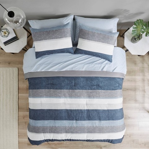 Madison Park 7pc Queen Ryder Comforter Set with Bed Sheets Blue/Gray - Madison Park: Microfiber, OEKO-TEX Certified