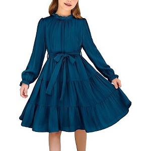 Arshiner Girls Long Sleeve Dress Tween Fall Formal Party Holiday Midi Tiered Flowy Swing Dresses with Belt - 1 of 4