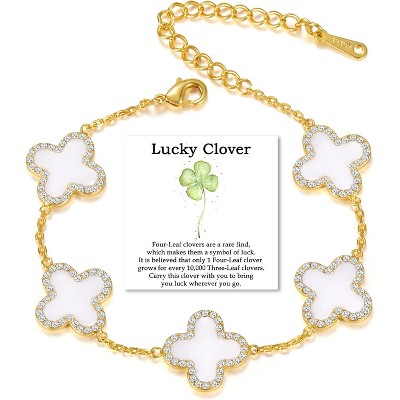 Qitian Clover Bracelet for Women 18K Gold Four Leaf Pink Lucky Link Clover Bracelets, Trendy Bracelets Set Jewelry