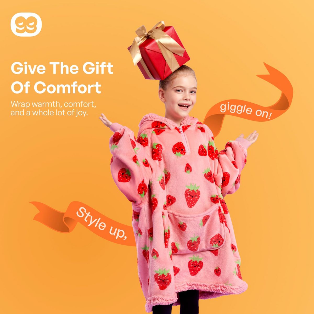 Joyfy Strawberry Cow Wearable Blanket Hoodie, Oversized Soft Fleece Hooded Blanket, Cozy Sweatshirt Gifts with Giant Pocket and Sleeves for Kids Girls - thumbnail 8