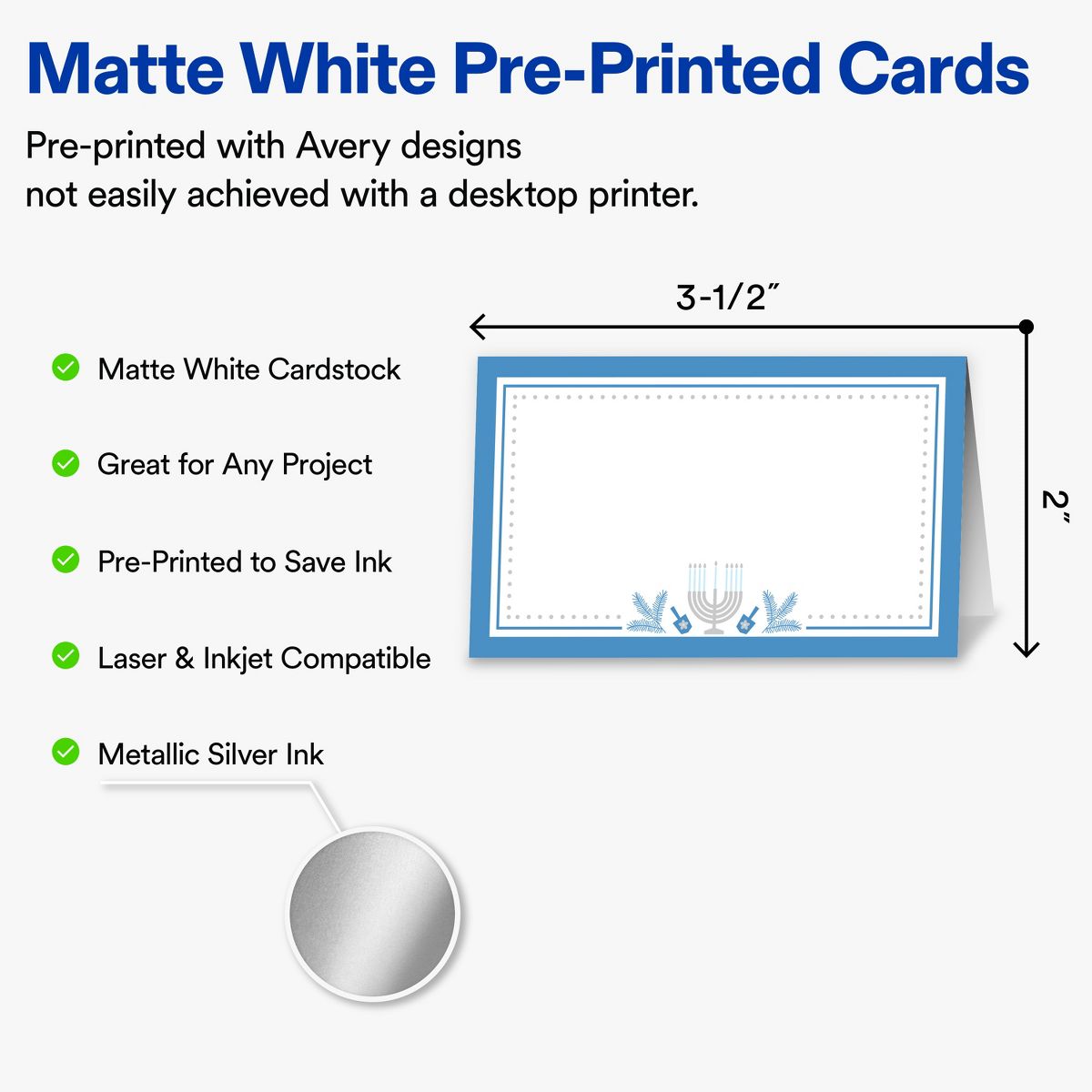 Avery® Tent Cards, 2" x 3.5", Matte, Silver Menorah Frame, 80 - thumbnail 2