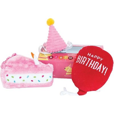 ZippyPaws Birthday Box - Dog Squeaky Toys, Cute Stuffed Puppy Toy & Hat, Pet Products, Gift for Dogs of All Breeds - 3-Pack, Pink