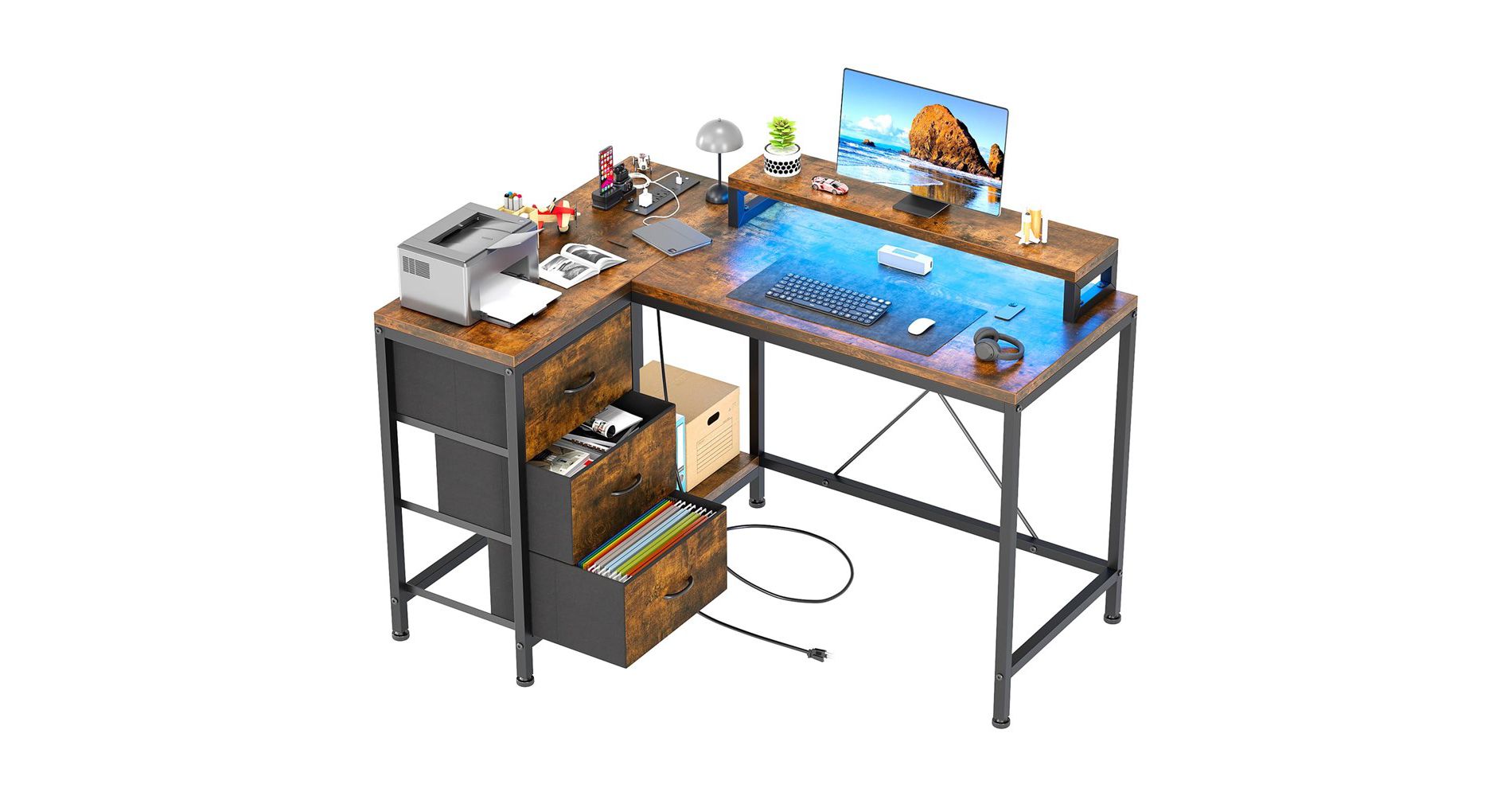 L Shaped Desk with Power Outlets & LED Lights, Computer Desk with Drawers & Shelves
