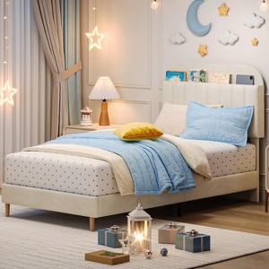 Twin/ Twin XL/Full Size Kids Bed Frame with Storage Headboard, Boucle Upholstered Platform Bed with Bookcase, No Box Spring Needed, Easy Assembly - 1 of 4