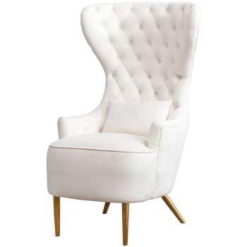 Upholstered Tufted High Wingback Chair Cream Velvet - Kinwell