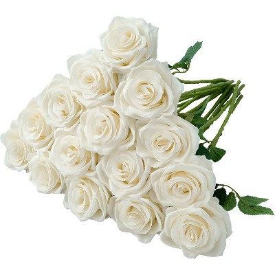 BRINJOY Elegant Ivory Artificial Roses - 15 Long-Stem Silk Roses for Weddings & Home Decor (45cm)