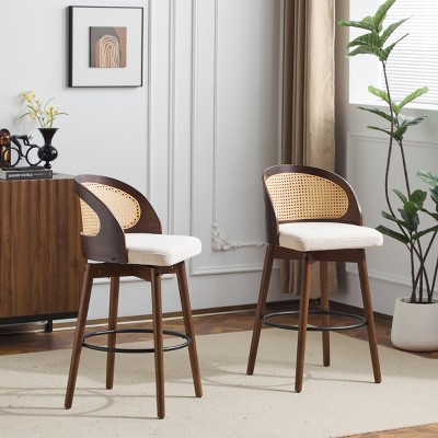 Set of 4 Wood Bar Stools,Cushioned Seat with Rattan Backrest and Walnut Finish,Modern Dining Room Barstools for Home Bar or Kitchen-Coolbibila