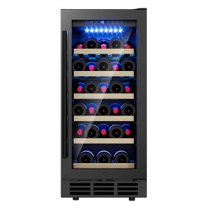 EUHOMY 3.2 cu. ft.(30 Bottles) Wine Fridge, Digital Temperature Control&Wood Shelves, Singel Zone, Stainless Steel, Double-Layer Glass Door, Black - 1 of 4