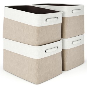 SUGIFT 4 Pcs Collapsible Storage Baskets with Handles Linen Fabric Organizer Bin with Metal Frame and Hard Bottom for Clothes Toys Books - 1 of 4