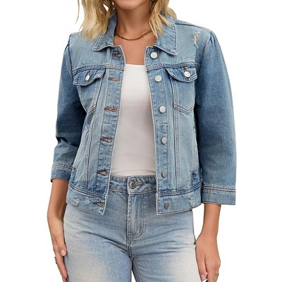 INSPIRE CHIC Women's Button Down 3/4 Puff Sleeve Turndown Collar Cropped Denim Jacket