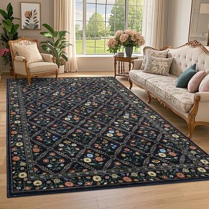 Floral Area Rugs for Living Room Bedroom Soft Farmhouse Washable Rug Non-Slip Low Pile Accent Carpet - 1 of 4