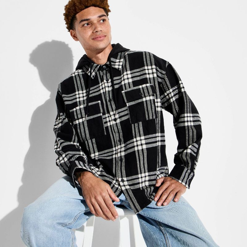 Men's Long Sleeve Hooded Flannel Plaid Button-Down Shirt - Original Use™ Black S
