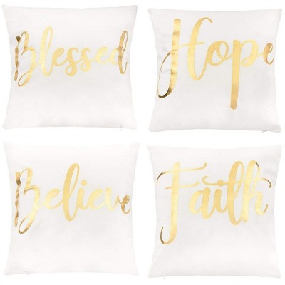 Juvale Throw Pillow Covers - 4-Pack Decorative Couch Throw Pillow Cases for Girls Woman, White Cover Gold Foil Lettering Design Cushion Covers, 17x17"