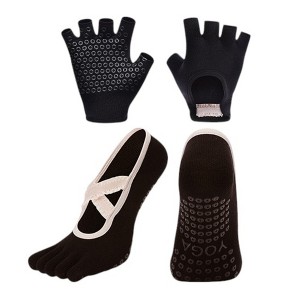 Anna-Kaci Women's Non-Slip Grip Yoga Sock and Fingerless Glove Set with Toe Separation and Ballet Strap Detail - 1 of 4