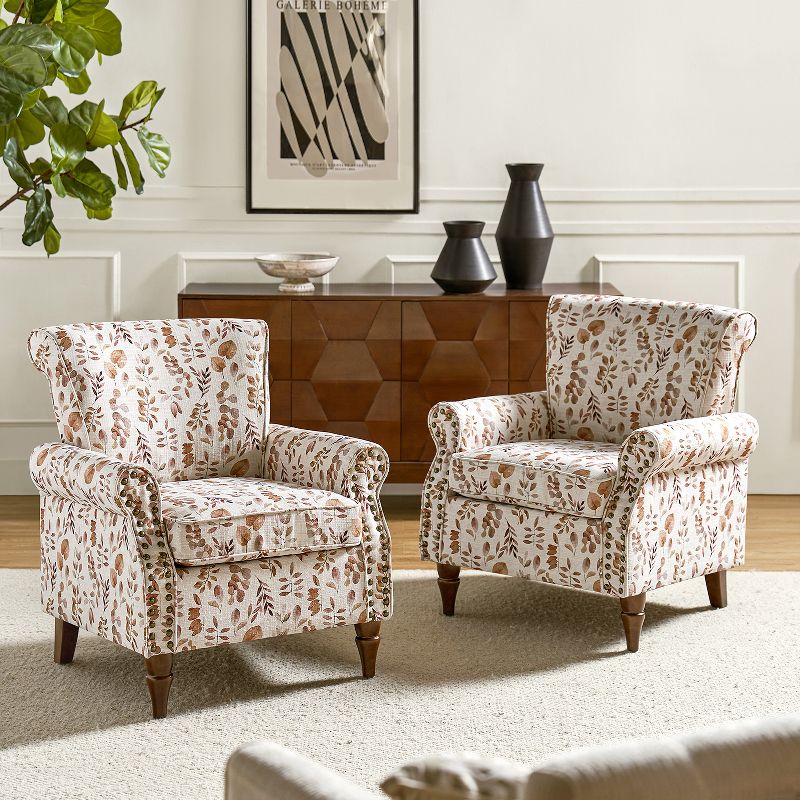 Set of 2 Araceli Traditional Wooden Upholstered Floral Armchair with Wingback and Nailhead Trim | ARTFUL LIVING DESIGN, 2 of 11