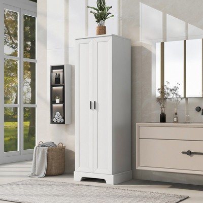 Multifunctional Tall Bathroom Corner Storage Cabinet With Two Doors,  Adjustable Shelves And Open Shelves, White - ModernLuxe