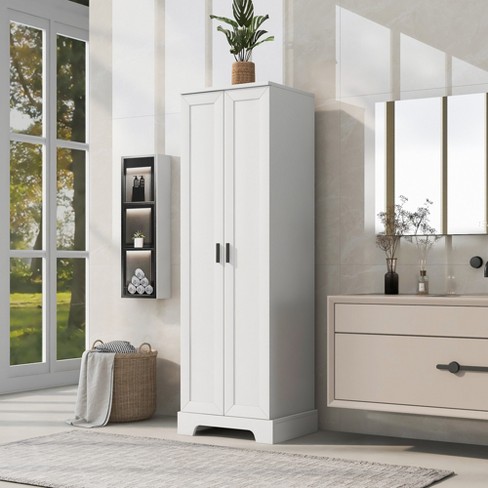 Costway 3 Tier Freee-Standing Bathroom Cabinet with 2 Drawers and Glass Doors-White