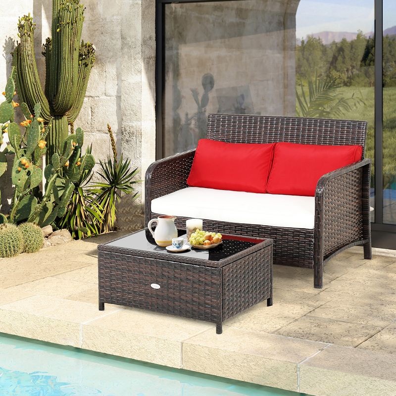 Costway 2PCS Patio Rattan Wicker Love-seat Coffee Table Set  Cushioned Bench Garden Deck, 4 of 11