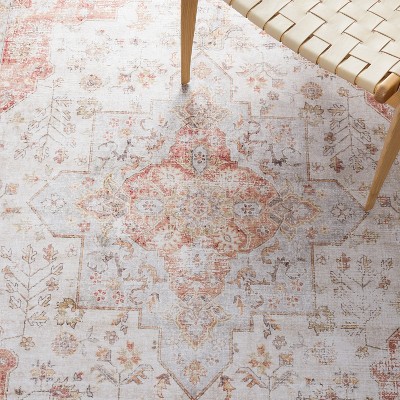 Light Grey and Rust Round Washable Synthetic Area Rug