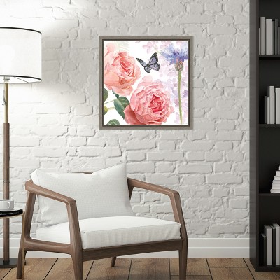Butterfly and Floral Watercolor Canvas Wall Art in Wooden Frame