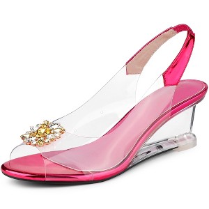Allegra K Women's Clear Slingback Wedge Heel Rhinestone Peep Toe Sandals - 1 of 4