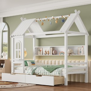 Twin/Full House Bed Solid Wood Platform Bed Frame with Storage Drawers/Shelves, Childlike Window Design - ModernLuxe - 1 of 4
