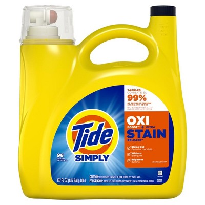 Tide Simply Oxi Boost + Ultra Stain Release, 137 fl oz, 96 Loads, Tough on Stains, Whitens, Brightens, Refreshing Breeze Scent
