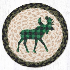 Earth Rugs Green Plaid Moose Printed Round Jute Trivet – 10" Rustic, Heat-Resistant Eco-Friendly Braided Design - 1 of 3