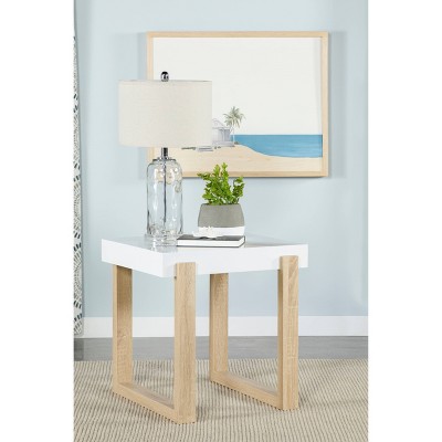 Pala White High Gloss and Natural Wood Rectangular End Table