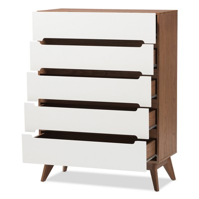 Calypso Mid-Century Modern White and Walnut 5-Drawer Chest