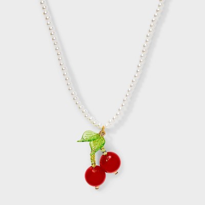 Acrylic Pearl Necklace with Cherry Pendant - Wild Fable™ White/Red