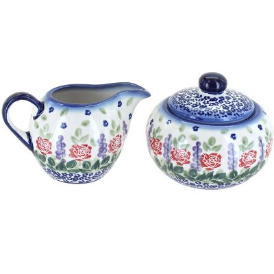 Blue Rose Polish Pottery Roses Are Red Sugar Bowl & Creamer Set