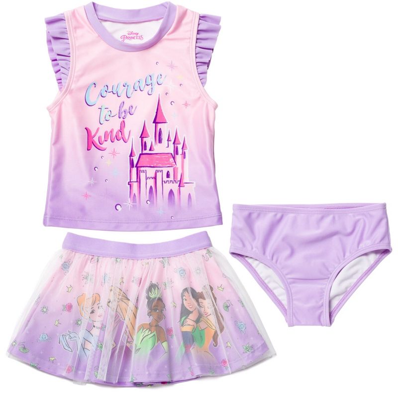 Disney Princess Moana Jasmine Cinderella Girls Tankini Top Modest Swimsuit Skirt and Bikini Bottom 3 Piece Toddler to Big Kid, 1 of 10