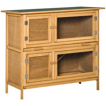 PawHut Wooden Bunny Hutch Rabbit Hutch Small Animals Habitat with Ramp, Removable Tray and Weatherproof Roof, Indoor/Outdoor